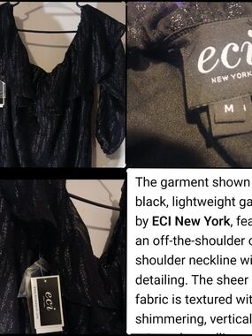 ECI Black Shimmery Off-Shoulder Ruffle Tunic Top